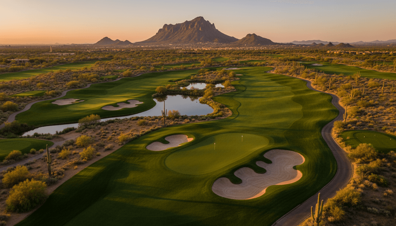Aerial view of The 500 Golf Club championship course with Arizona desert landscape